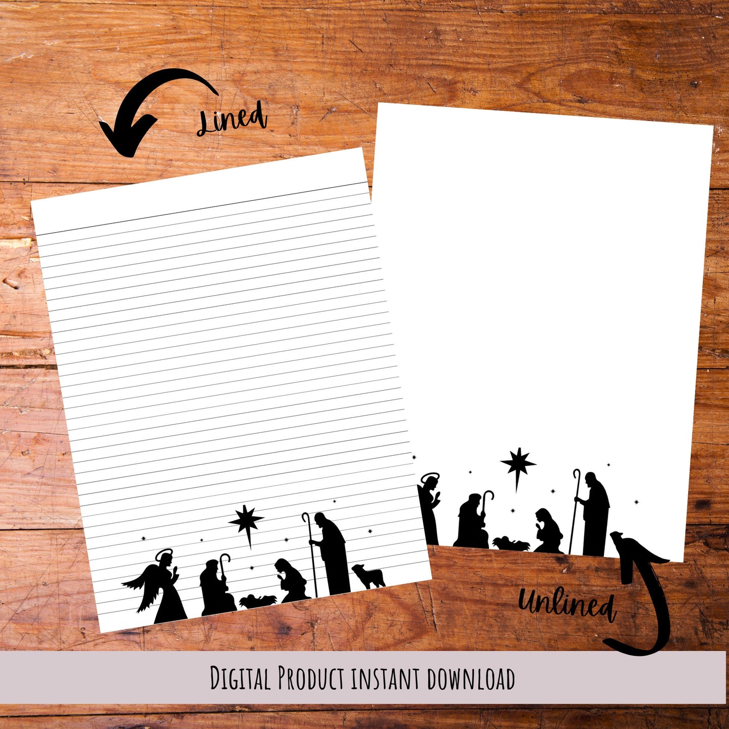 Nativity Scene Stationery Set/Nativity Scene Writing Paper/Lined and Unlined Pages/Instant Download/Christmas Stationery